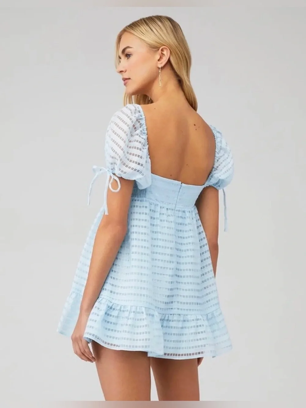 Amanda Uprichard Sicily Mini Dress Powder Blue Textured Puff Sleeve Medium - Picture 13 of 14